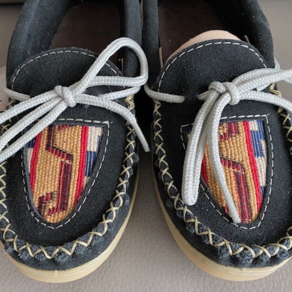 Laurentian Chief moccasin slippers L7 suede leather black aztec inspired - Picture 2 of 16